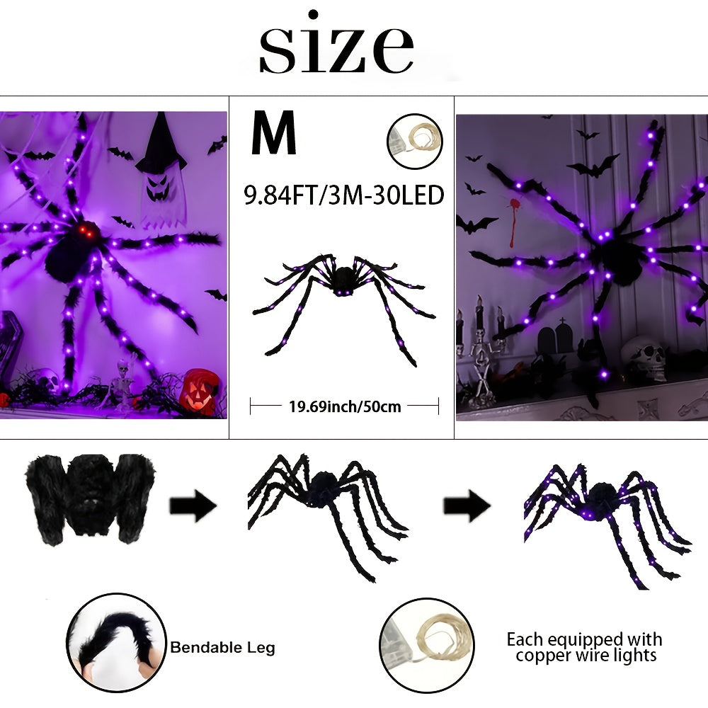 Realistic Black Spider Plush with Purple LED Lights