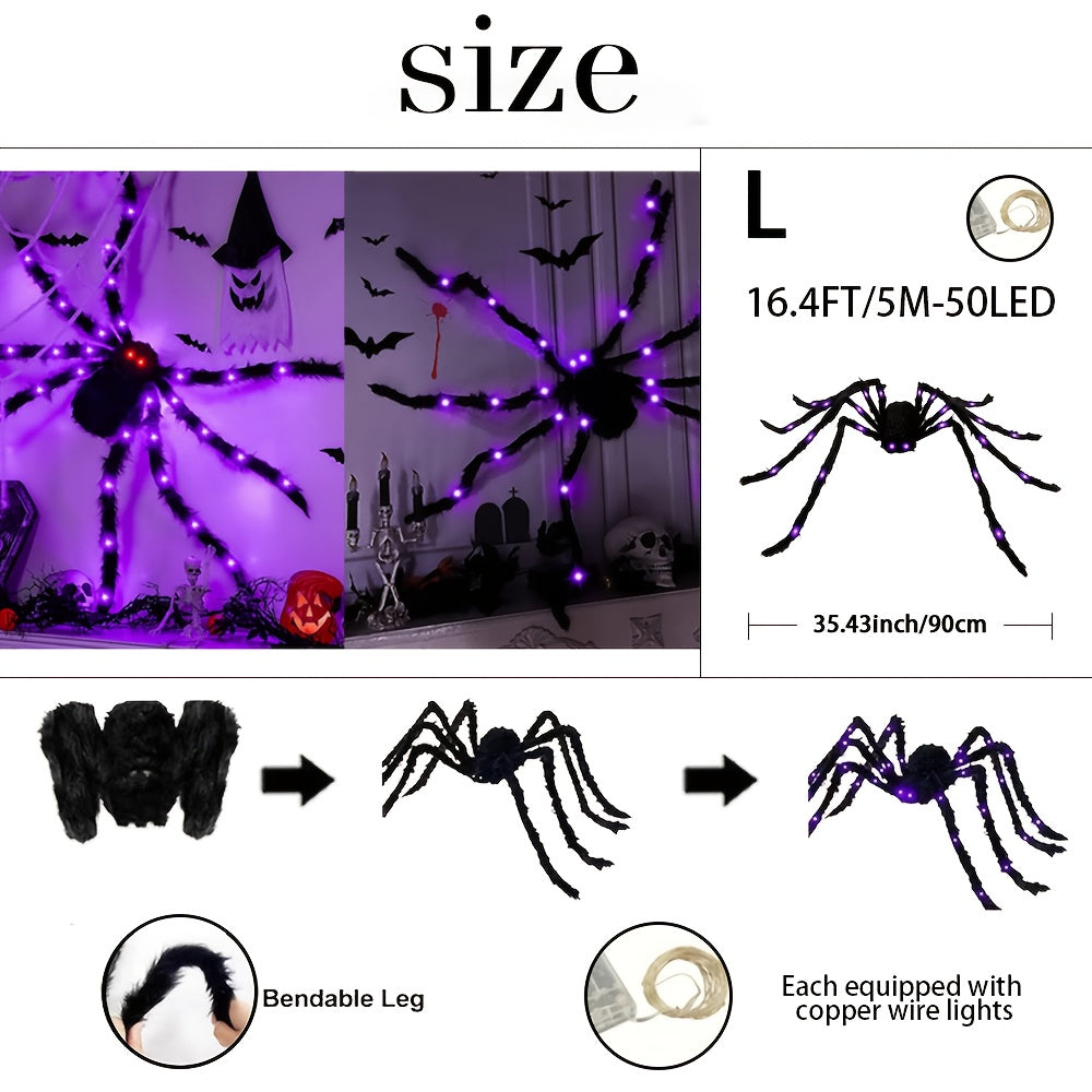 Realistic Black Spider Plush with Purple LED Lights